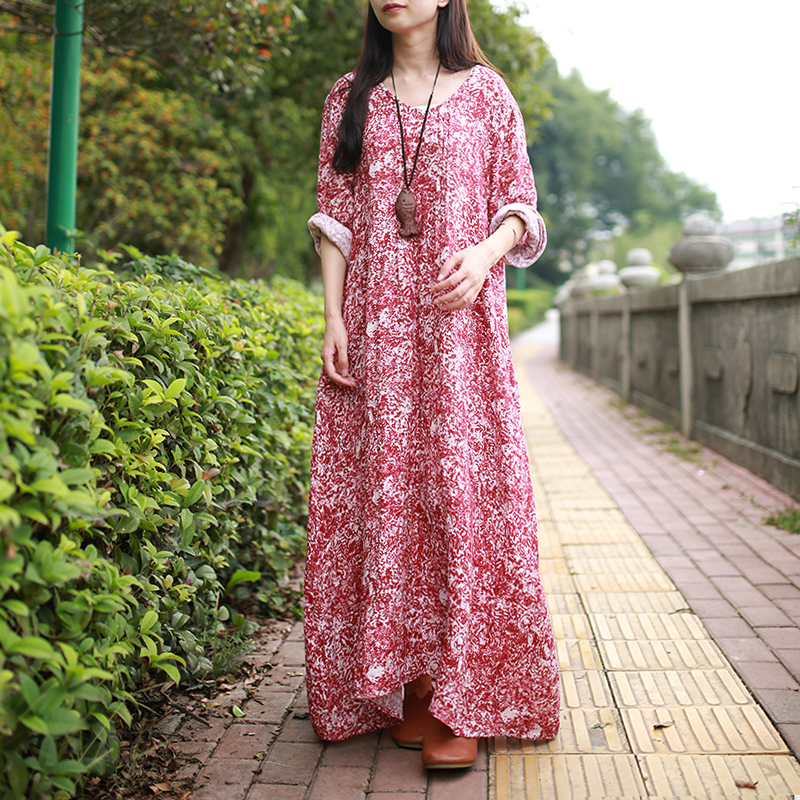 Fashionoyo | LZJN Mori Girl Long Sleeve Maxi Dress Slub Linen Casual ...